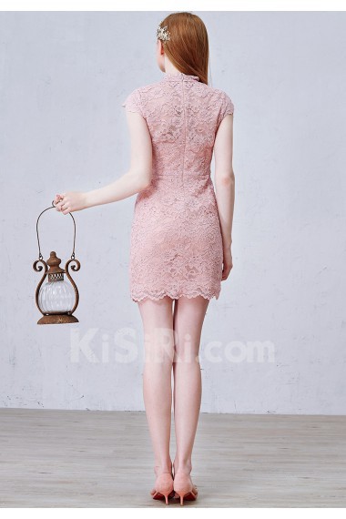 Lace High Collar Mini/Short Cap Sleeve Sheath Dress