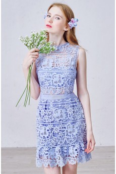 Net, Lace Jewel Mini/Short Sleeveless Sheath Dress