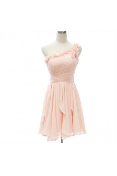 Chiffon One-shoulder Mini/Short Sleeveless A-line Dress with Handmade Flowers