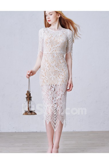 Lace Jewel Tea-Length Half Sleeve Sheath Dress