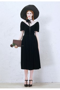 Velvet V-neck Tea-Length Short Sleeve A-line Dress