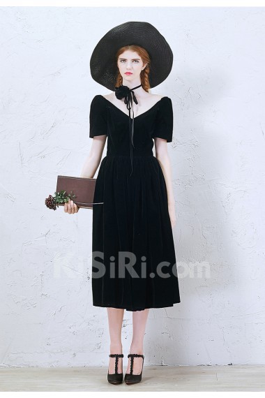 Velvet V-neck Tea-Length Short Sleeve A-line Dress