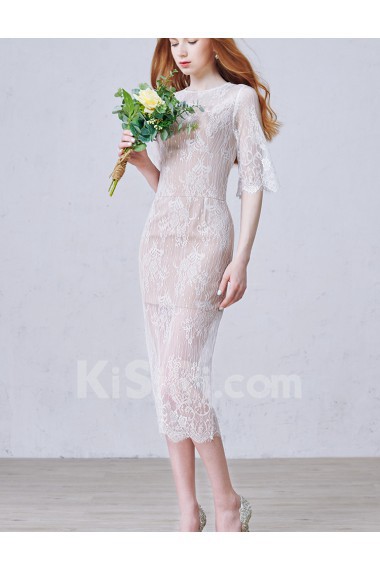 Lace Jewel Tea-Length Half Sleeve Sheath Dress