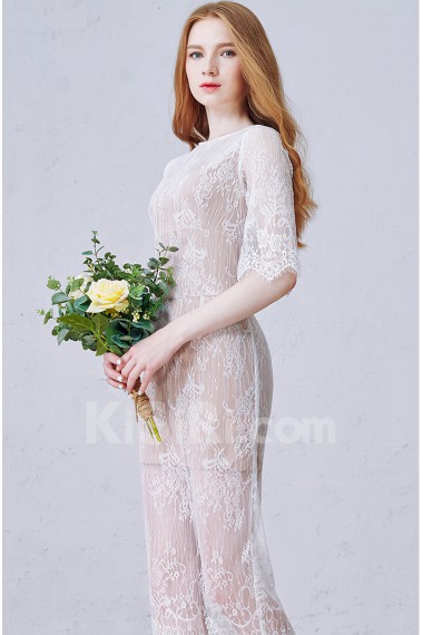 Lace Jewel Tea-Length Half Sleeve Sheath Dress