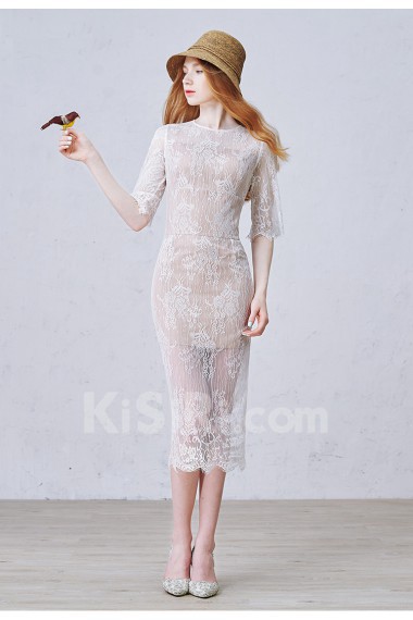 Lace Jewel Tea-Length Half Sleeve Sheath Dress