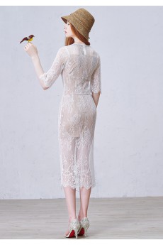 Lace Jewel Tea-Length Half Sleeve Sheath Dress