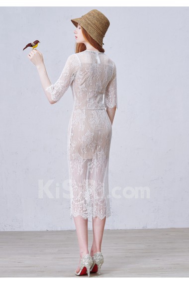 Lace Jewel Tea-Length Half Sleeve Sheath Dress