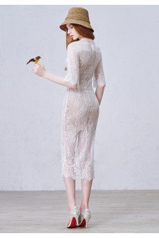 Lace Jewel Tea-Length Half Sleeve Sheath Dress