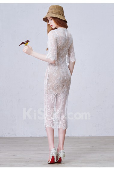 Lace Jewel Tea-Length Half Sleeve Sheath Dress