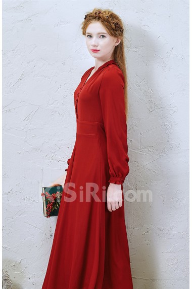 Chiffon V-neck Ankle-Length Long Sleeve A-line Dress