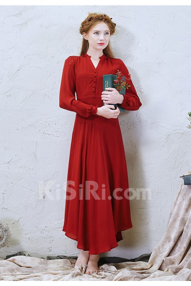 Chiffon V-neck Ankle-Length Long Sleeve A-line Dress