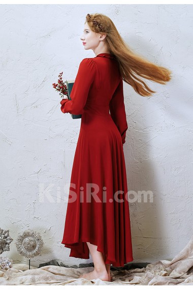 Chiffon V-neck Ankle-Length Long Sleeve A-line Dress