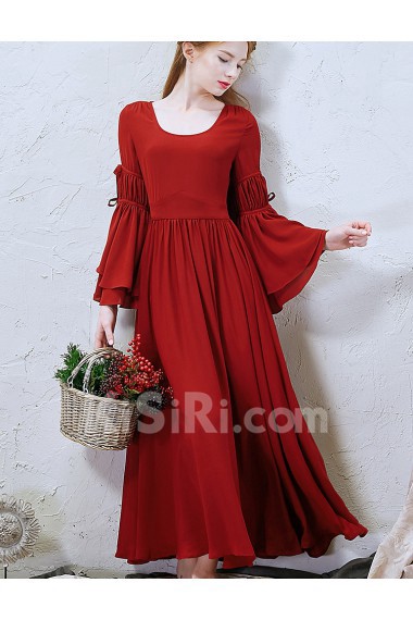 Chiffon Jewel Ankle-Length Long Sleeve Sheath Dress with Ruched