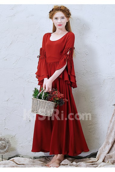 Chiffon Jewel Ankle-Length Long Sleeve Sheath Dress with Ruched