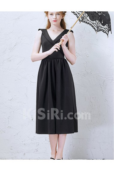 Satin V-neck Tea-Length Sleeveless Sheath Dress