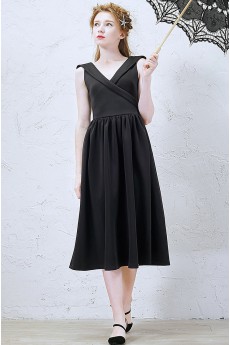 Satin V-neck Tea-Length Sleeveless Sheath Dress