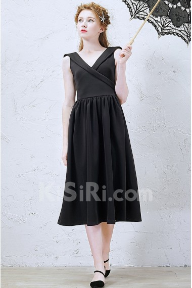 Satin V-neck Tea-Length Sleeveless Sheath Dress