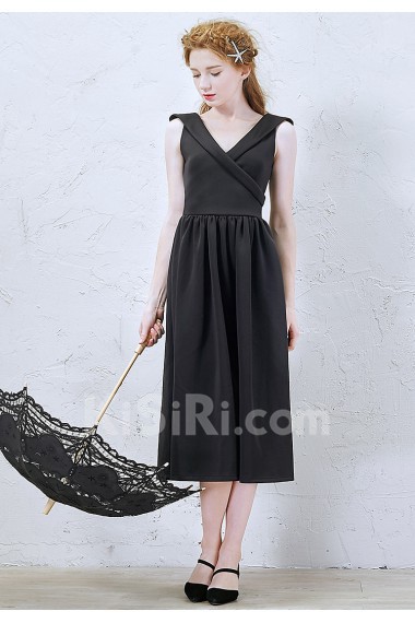 Satin V-neck Tea-Length Sleeveless Sheath Dress