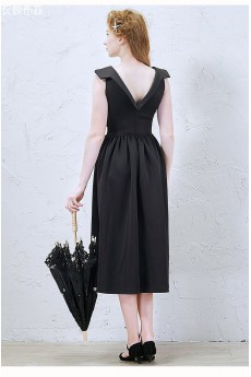 Satin V-neck Tea-Length Sleeveless Sheath Dress