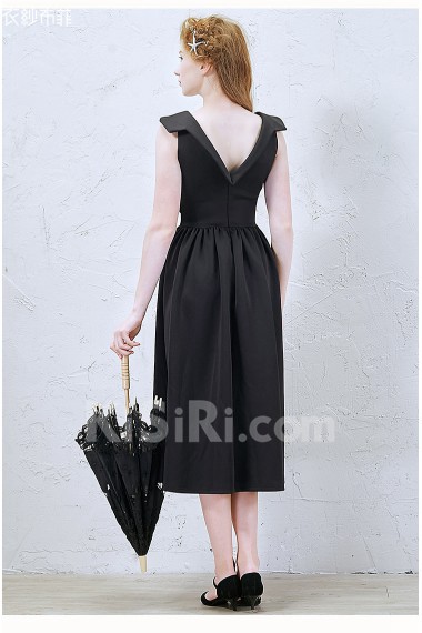 Satin V-neck Tea-Length Sleeveless Sheath Dress