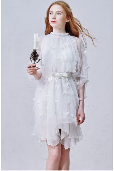 Tulle High Collar Mini/Short Three-quarter Dress with Handmade Butterfly