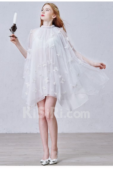 Tulle High Collar Mini/Short Three-quarter Dress with Handmade Butterfly