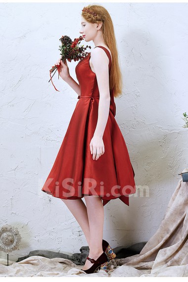 Satin Square Knee-Length Sleeveless A-line Dress with Bow