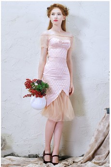 Tulle, Satin Off-the-Shoulder Knee-Length Mermaid Dress with Bow