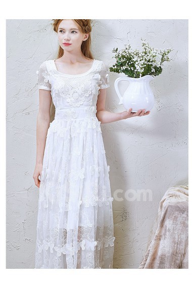 Lace, Tulle Scoop Tea-Length Short Sleeve A-line Dress with Handmade Butterfly