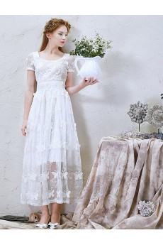 Lace, Tulle Scoop Tea-Length Short Sleeve A-line Dress with Handmade Butterfly