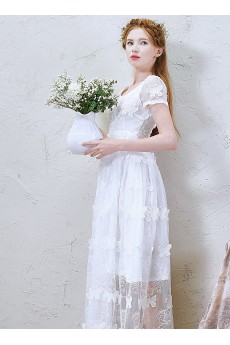 Lace, Tulle Scoop Tea-Length Short Sleeve A-line Dress with Handmade Butterfly