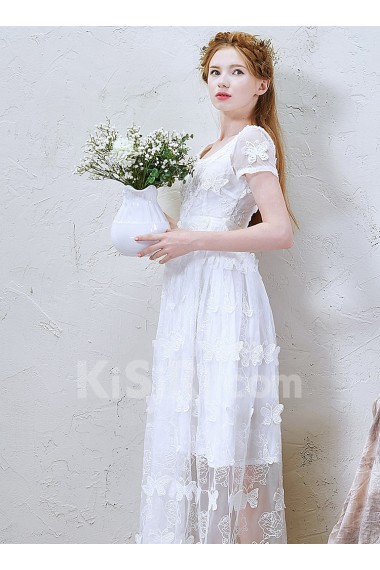 Lace, Tulle Scoop Tea-Length Short Sleeve A-line Dress with Handmade Butterfly