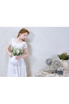 Lace, Tulle Scoop Tea-Length Short Sleeve A-line Dress with Handmade Butterfly