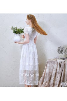 Lace, Tulle Scoop Tea-Length Short Sleeve A-line Dress with Handmade Butterfly