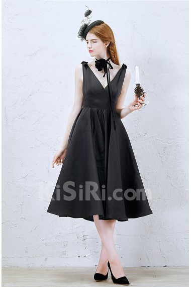 Satin V-neck Tea-Length Sleeveless A-line Dress with Bow