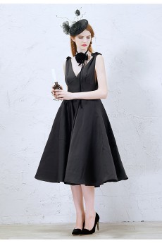 Satin V-neck Tea-Length Sleeveless A-line Dress with Bow