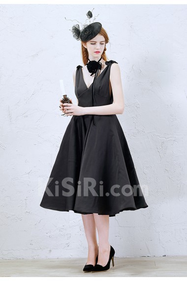 Satin V-neck Tea-Length Sleeveless A-line Dress with Bow