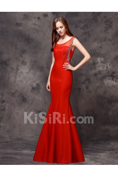 Satin Scoop Sweep Train Sleeveless Mermaid Dress with Rhinestone