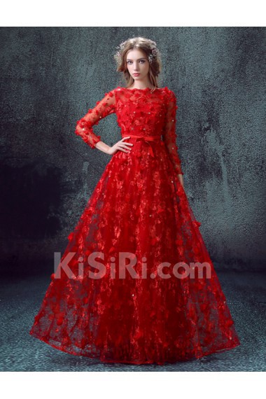 Net Asymmetrical Floor Length Long Sleeve A-line Dress with Bow