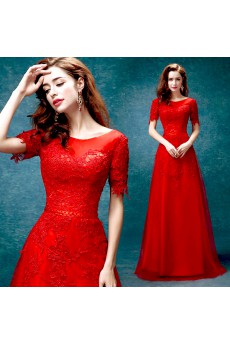 Lace Bateau Floor Length Short Sleeve A-line Dress with Sequins