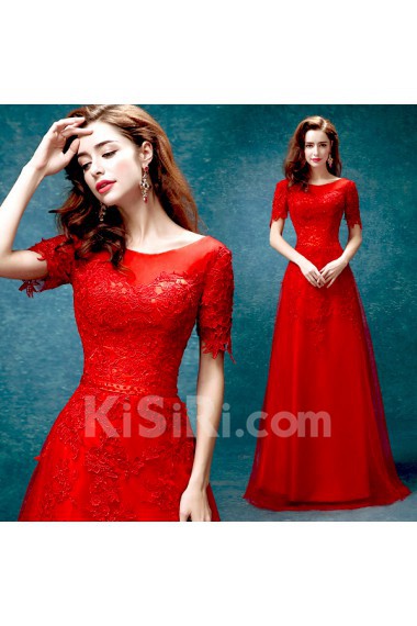 Lace Bateau Floor Length Short Sleeve A-line Dress with Sequins