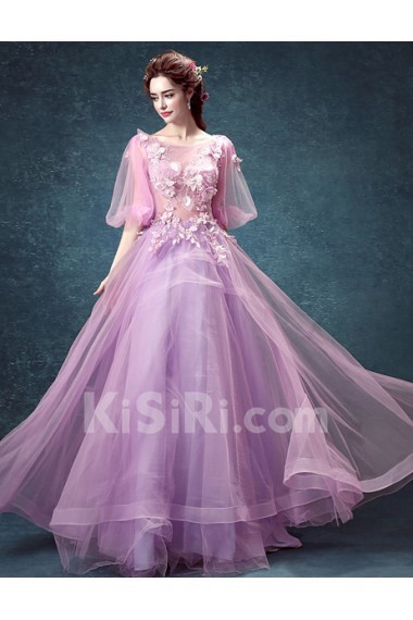 Lace, Tulle Scoop Floor Length Half Sleeve Ball Gown Dress with Handmade Flowers