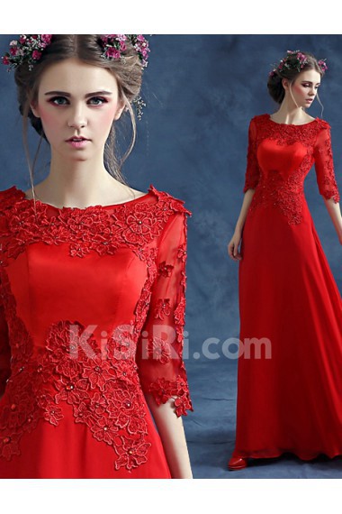 Satin, Chiffon Scoop Floor Length Half Sleeve A-line Dress with Rhinestone