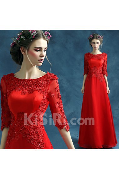 Satin, Chiffon Scoop Floor Length Half Sleeve A-line Dress with Rhinestone