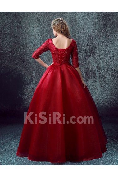 Organza, Lace Scoop Floor Length Half Sleeve Ball Gown Dress with Bow, Rhinestone