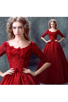 Organza, Lace Scoop Floor Length Half Sleeve Ball Gown Dress with Bow, Rhinestone