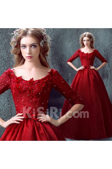 Organza, Lace Scoop Floor Length Half Sleeve Ball Gown Dress with Bow, Rhinestone