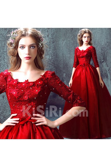 Organza, Lace Scoop Floor Length Half Sleeve Ball Gown Dress with Bow, Rhinestone