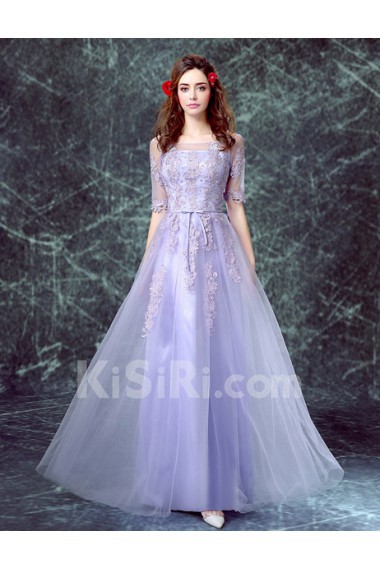 Net, Chiffon Off-the-Shoulder Floor Length Half Sleeve A-line Dress with Bow, Lace