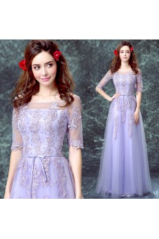 Net, Chiffon Off-the-Shoulder Floor Length Half Sleeve A-line Dress with Bow, Lace